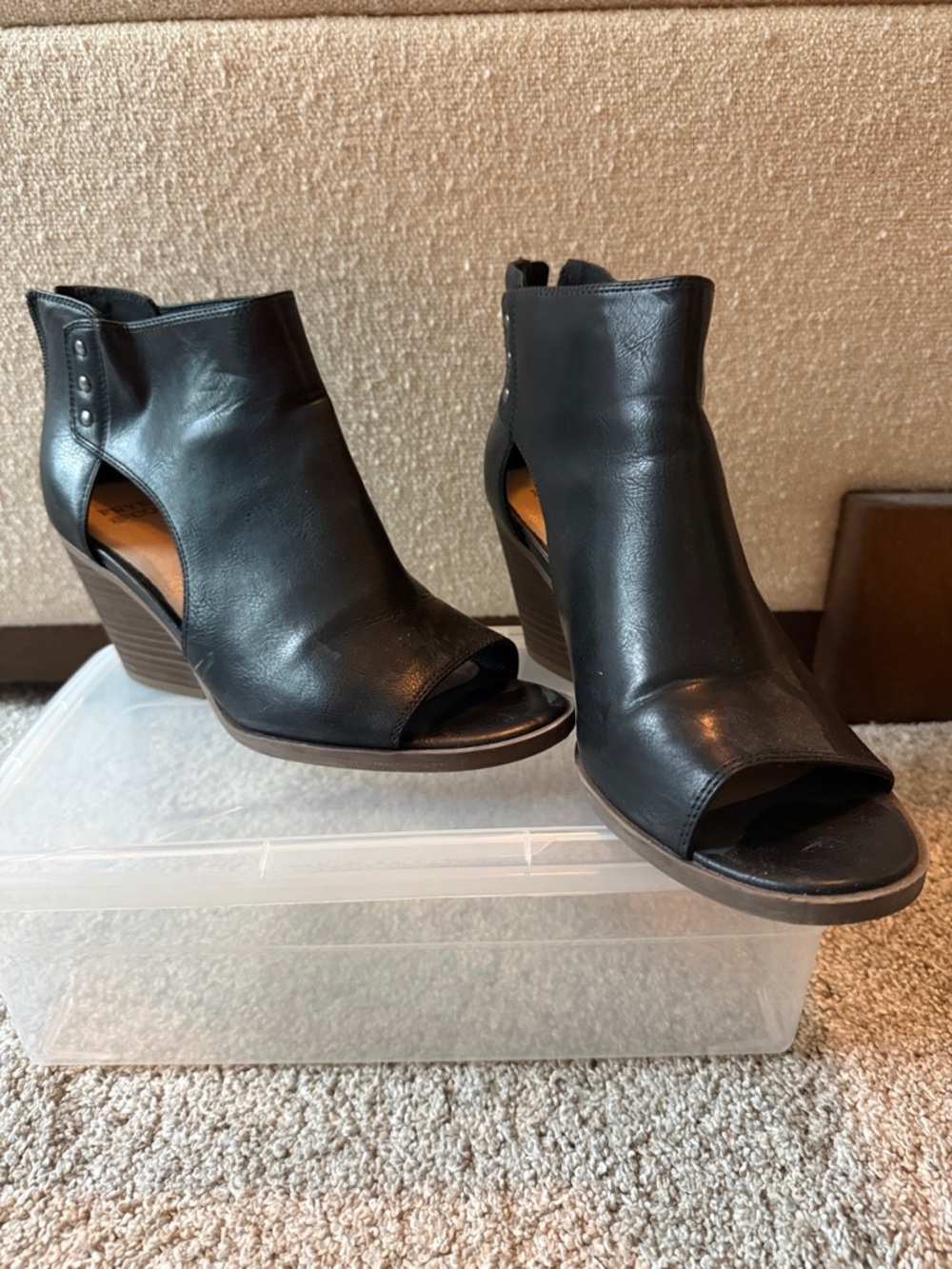 FRYE AND CO. Black Leather Open-Toe Wedge Booties